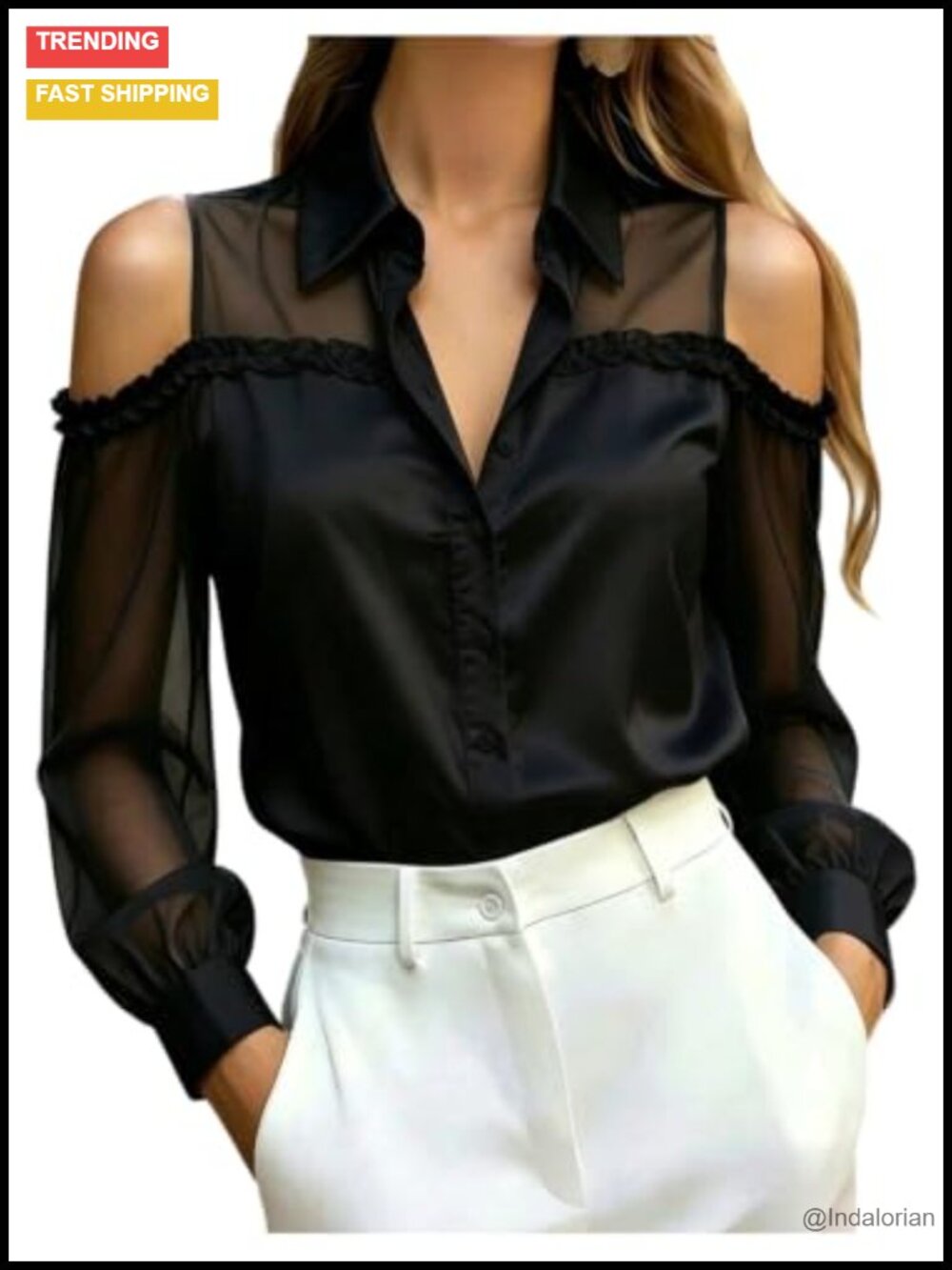 Cold Shoulder Satin Chiffon Blouse Button Up Collared Long Sleeve